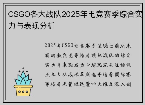 CSGO各大战队2025年电竞赛季综合实力与表现分析