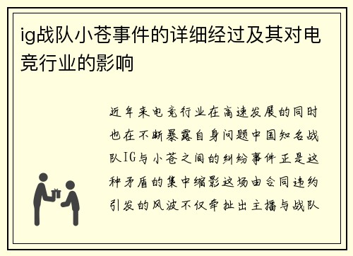 ig战队小苍事件的详细经过及其对电竞行业的影响