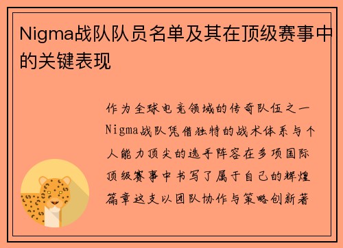 Nigma战队队员名单及其在顶级赛事中的关键表现